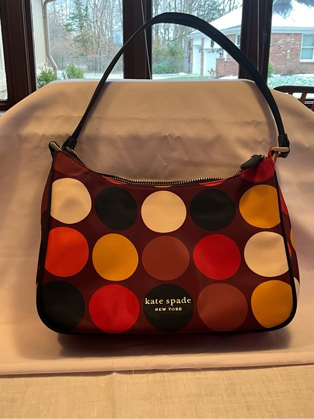 Women’s Polka Dot Shoulder Bag in Burgundy with Multicolor Dots